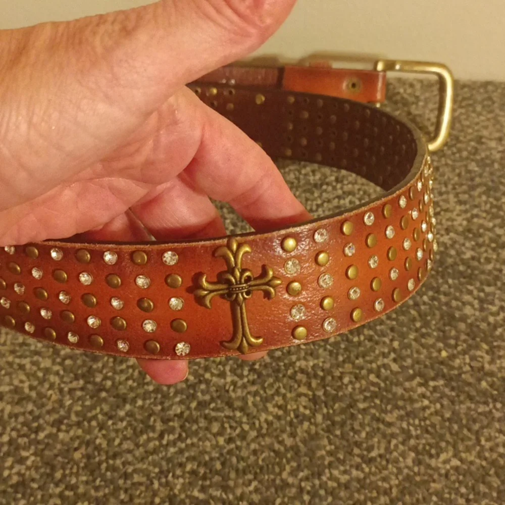 Women's western brown leather bling studded cross belt size L
